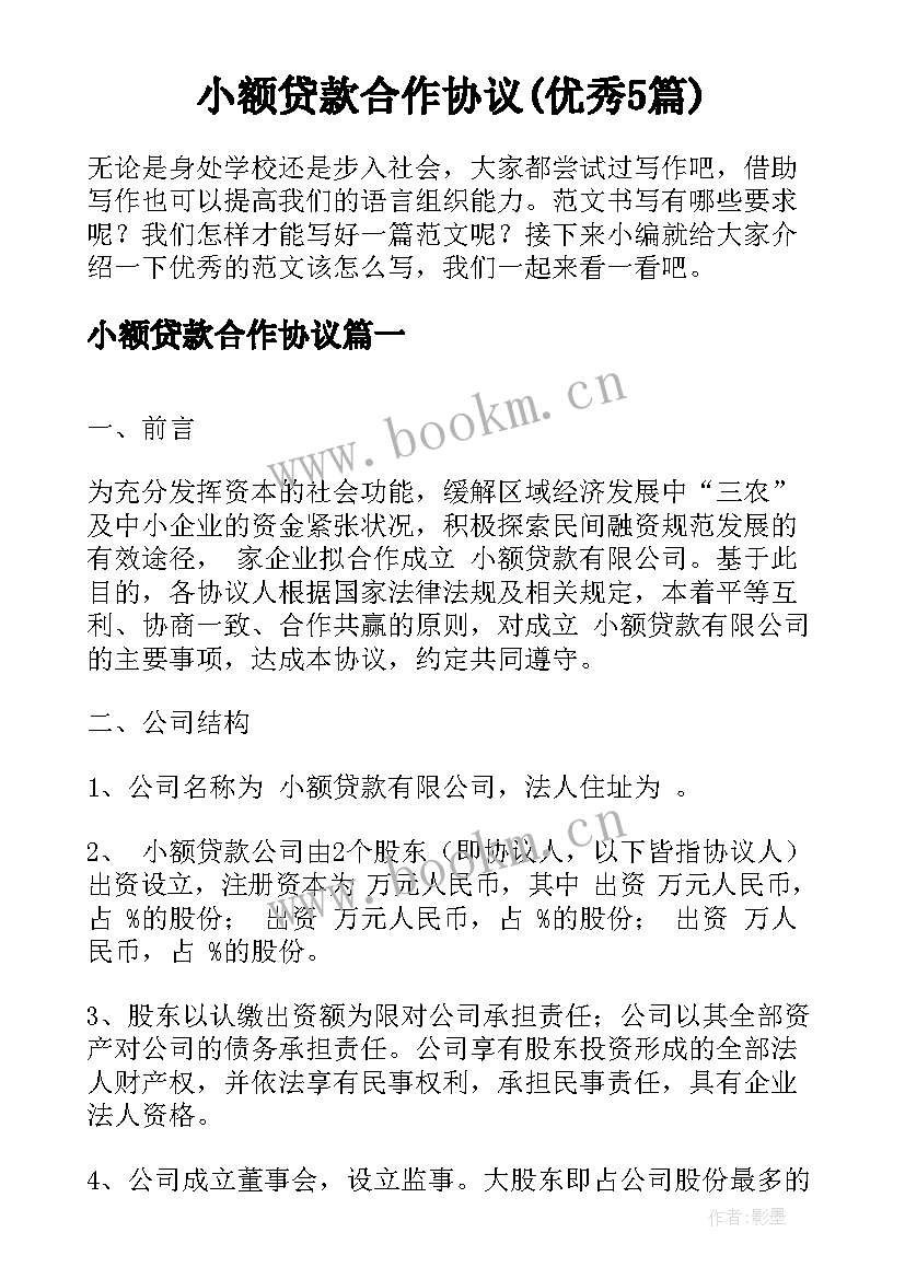 小额贷款合作协议(优秀5篇)