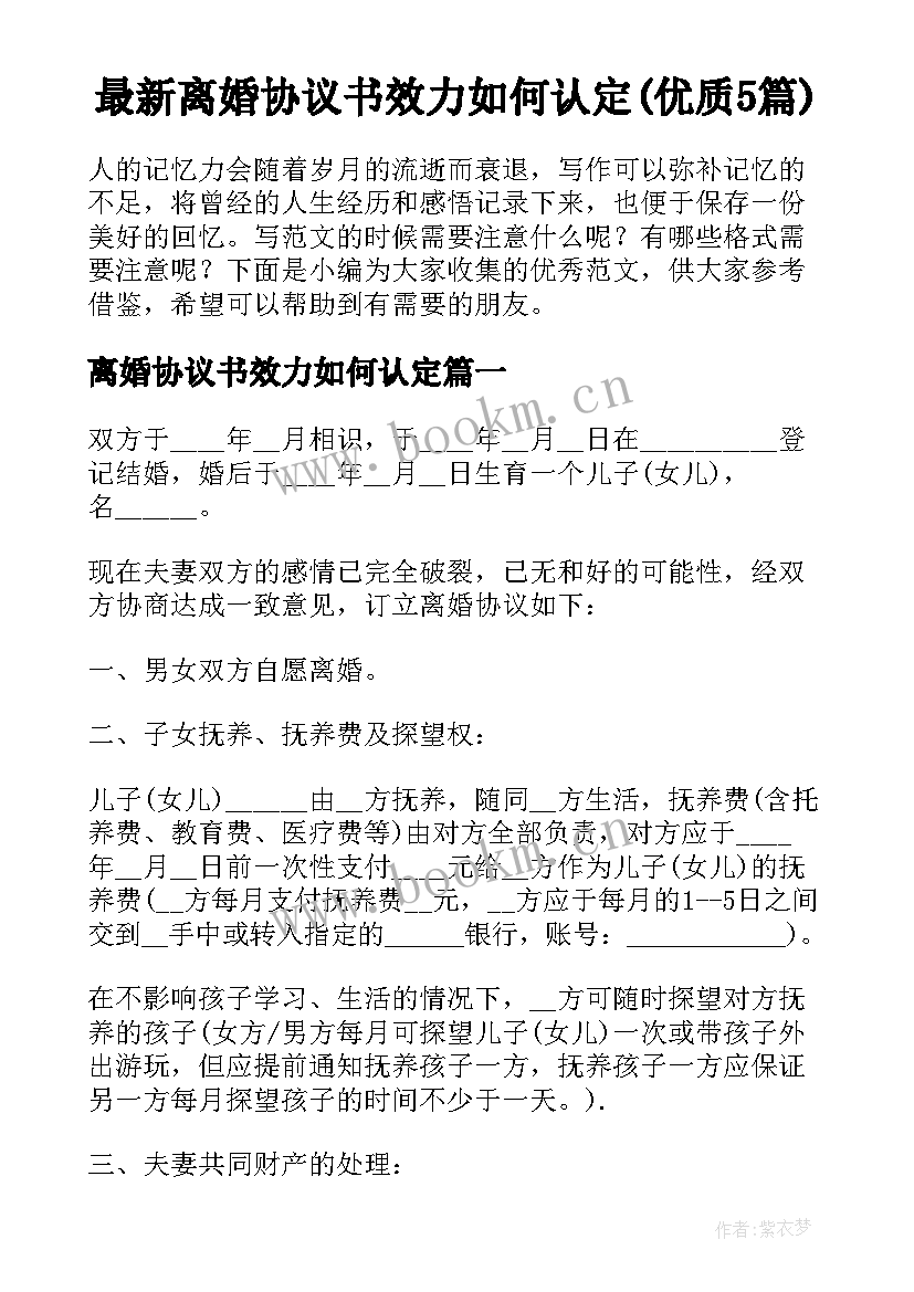 最新离婚协议书效力如何认定(优质5篇)