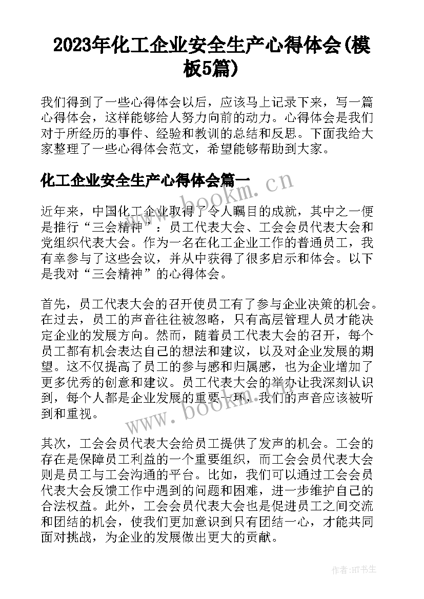 2023年化工企业安全生产心得体会(模板5篇)