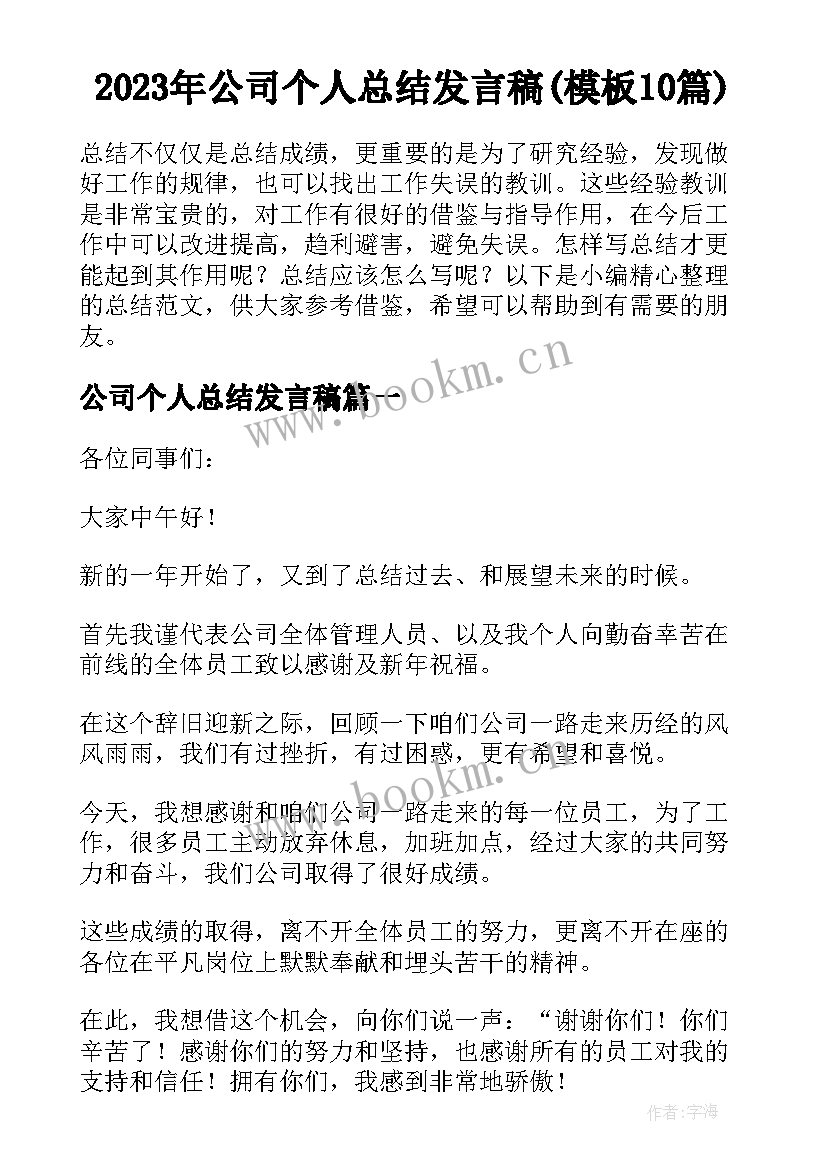 2023年公司个人总结发言稿(模板10篇)