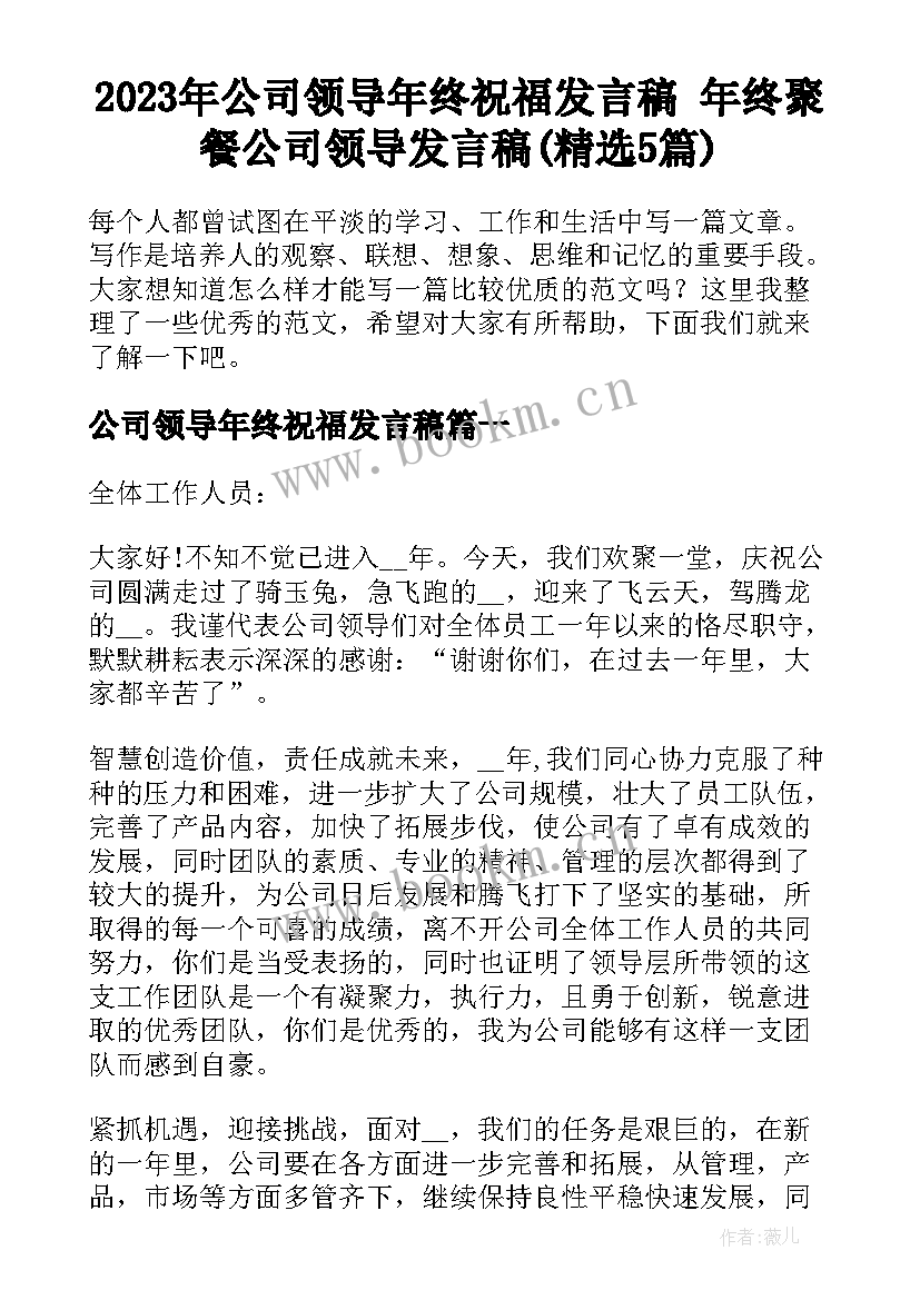 2023年公司领导年终祝福发言稿 年终聚餐公司领导发言稿(精选5篇)