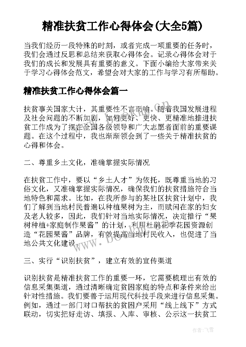 精准扶贫工作心得体会(大全5篇)