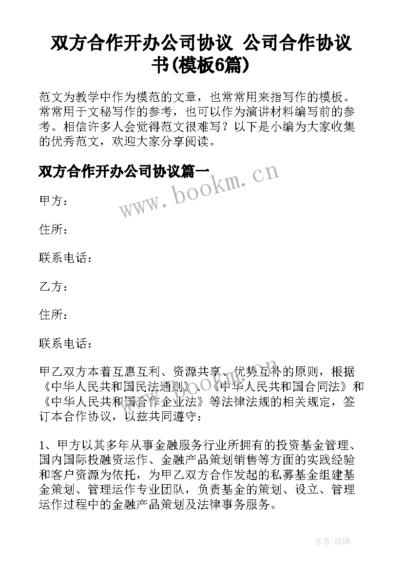 双方合作开办公司协议 公司合作协议书(模板6篇)