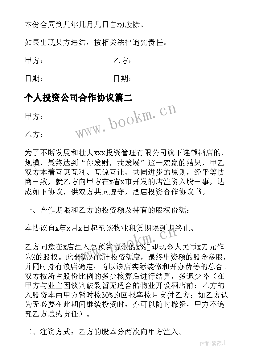 最新个人投资公司合作协议(实用9篇)