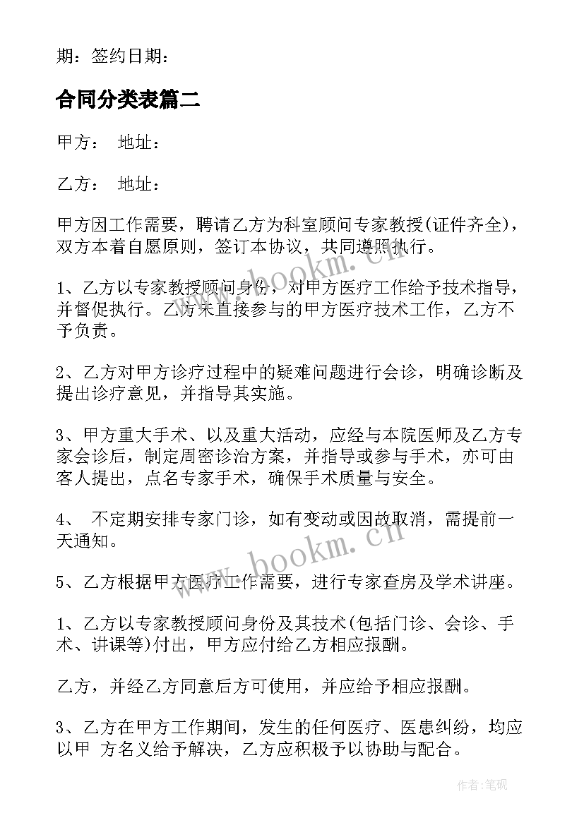 合同分类表(模板6篇)