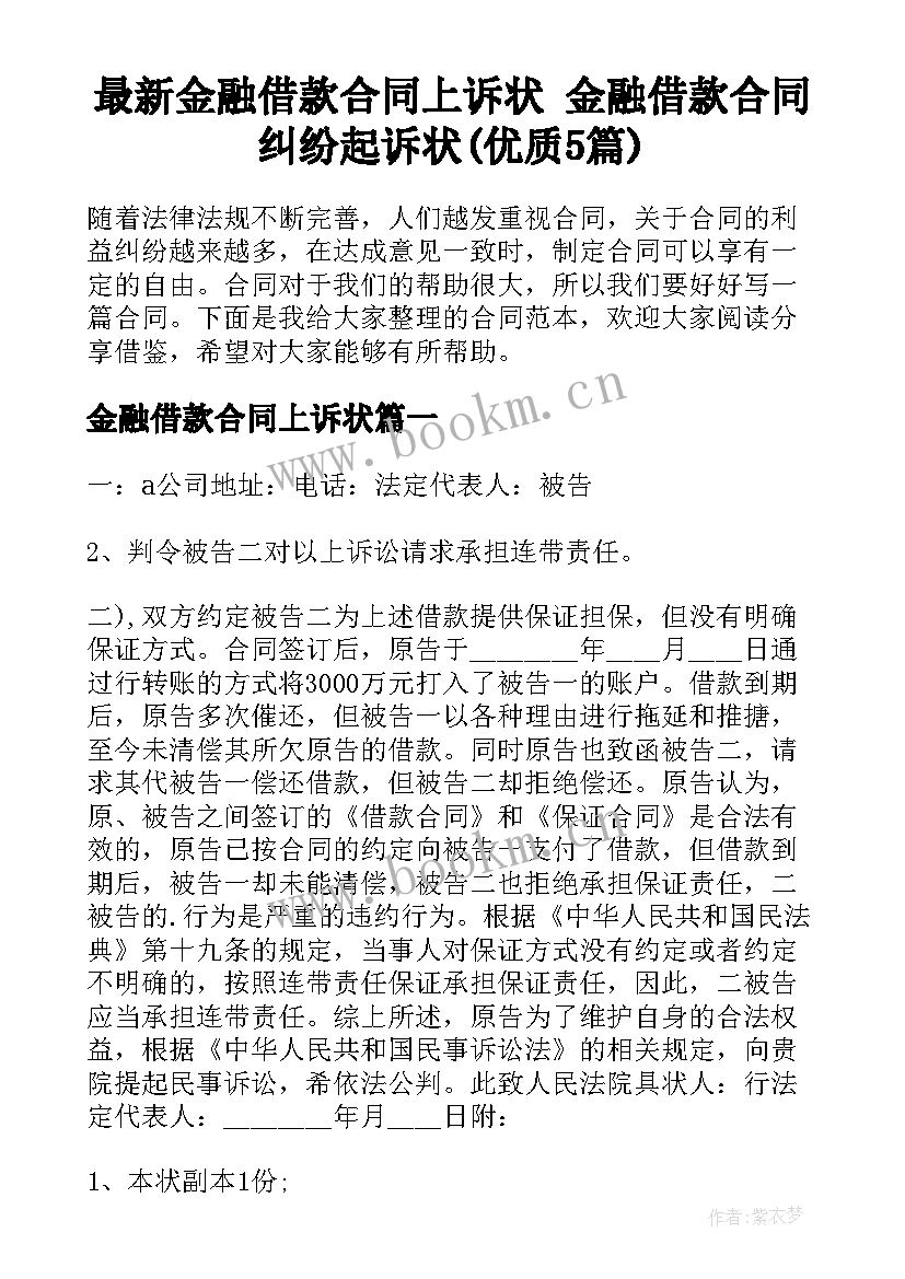 最新金融借款合同上诉状 金融借款合同纠纷起诉状(优质5篇)