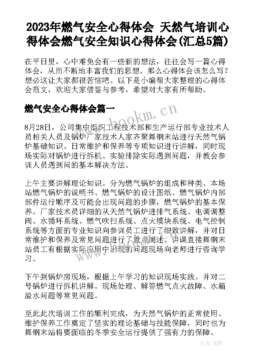 2023年燃气安全心得体会 天然气培训心得体会燃气安全知识心得体会(汇总5篇)