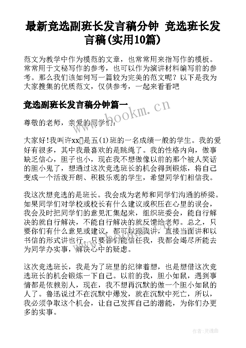 最新竞选副班长发言稿分钟 竞选班长发言稿(实用10篇)