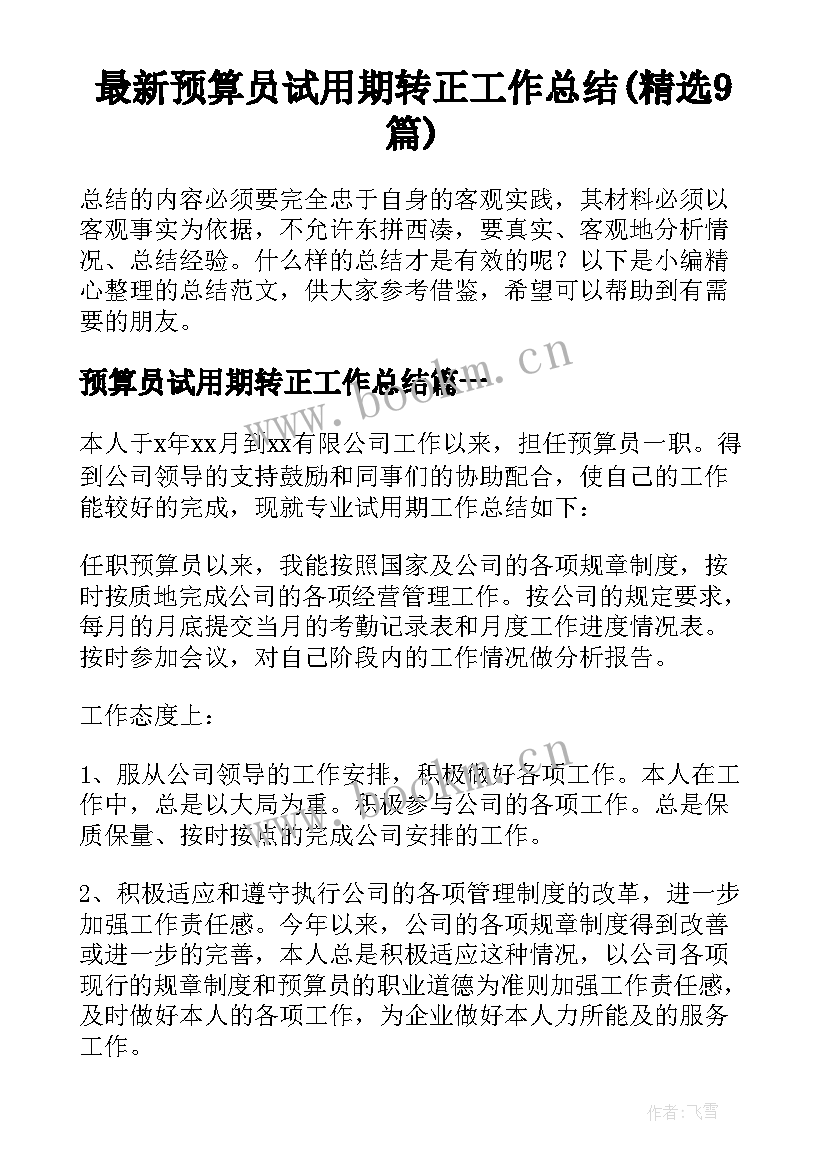 最新预算员试用期转正工作总结(精选9篇)