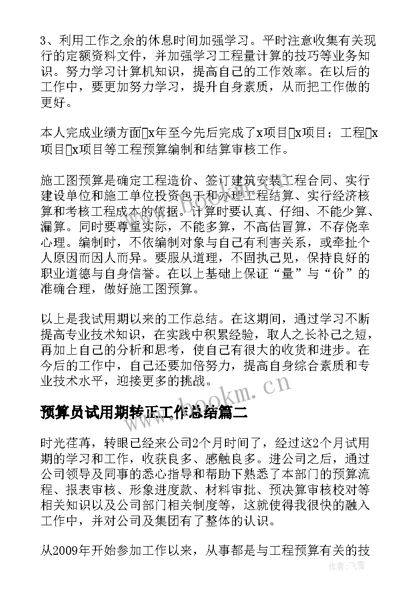 最新预算员试用期转正工作总结(精选9篇)