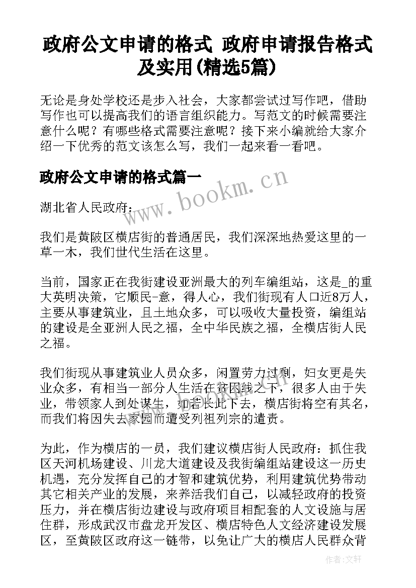 政府公文申请的格式 政府申请报告格式及实用(精选5篇)