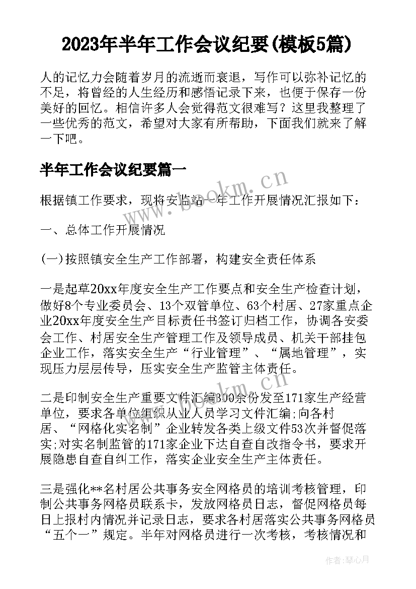 2023年半年工作会议纪要(模板5篇)