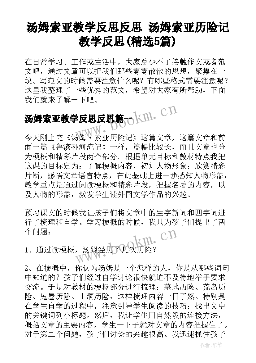 汤姆索亚教学反思反思 汤姆索亚历险记教学反思(精选5篇)