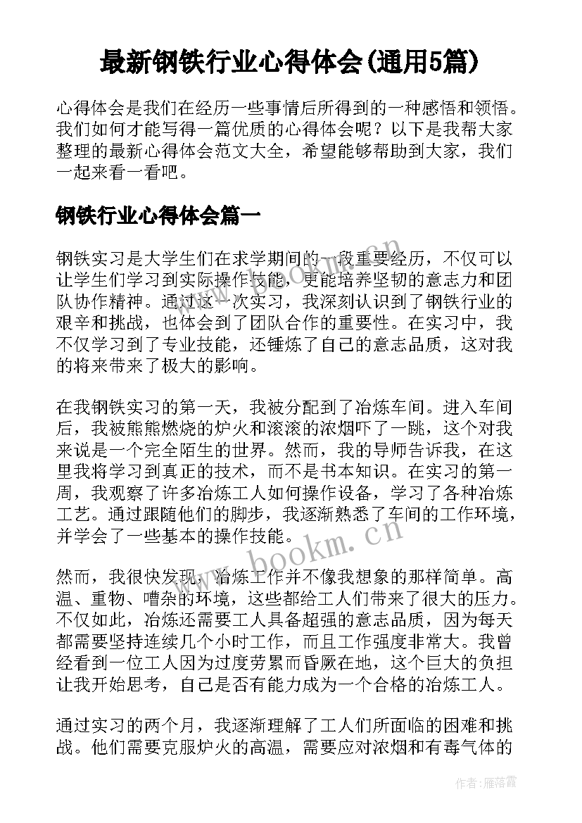 最新钢铁行业心得体会(通用5篇)