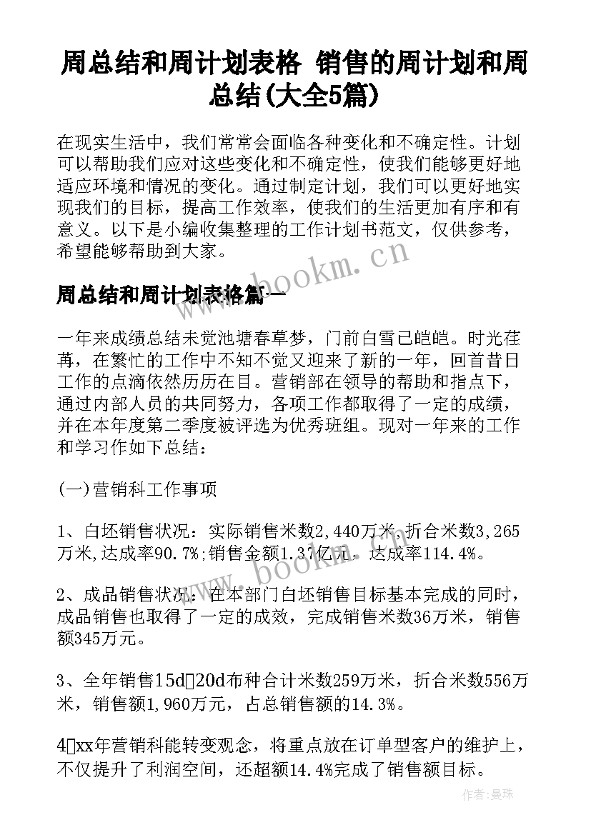 周总结和周计划表格 销售的周计划和周总结(大全5篇)