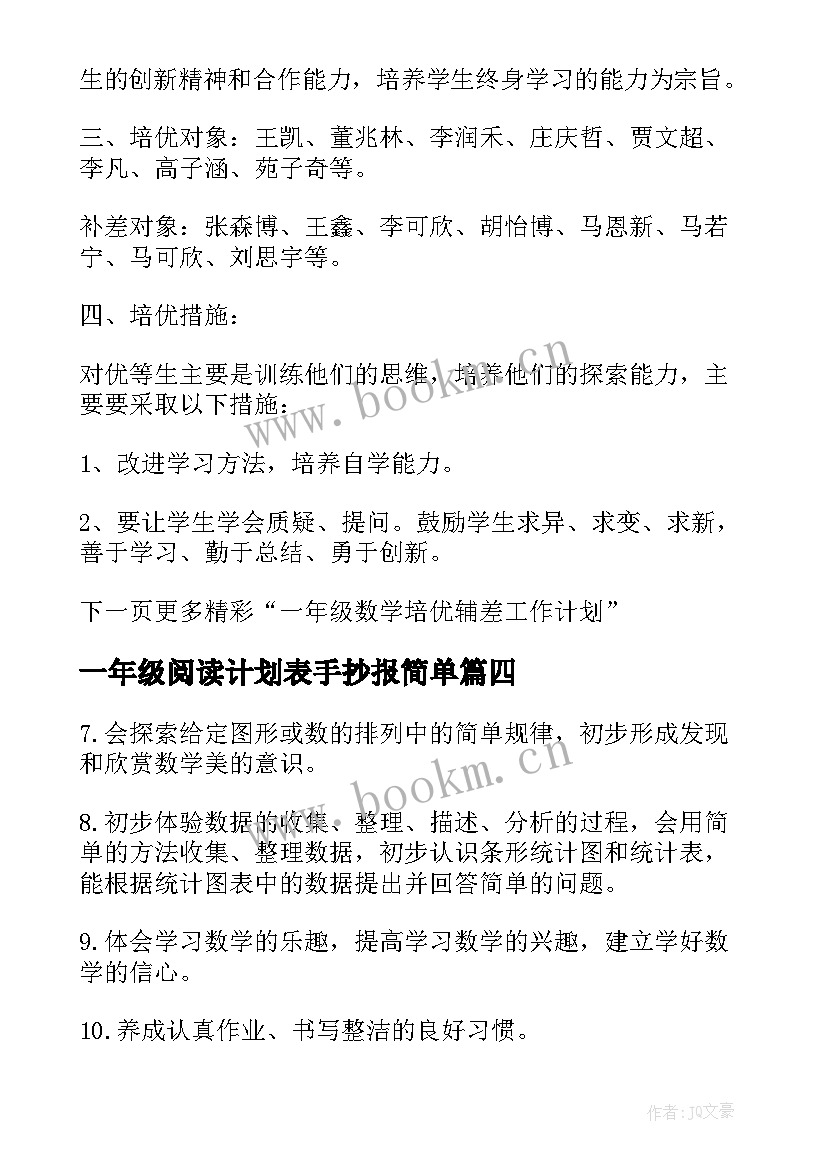 2023年一年级阅读计划表手抄报简单 一年级数学教学计划表(实用6篇)