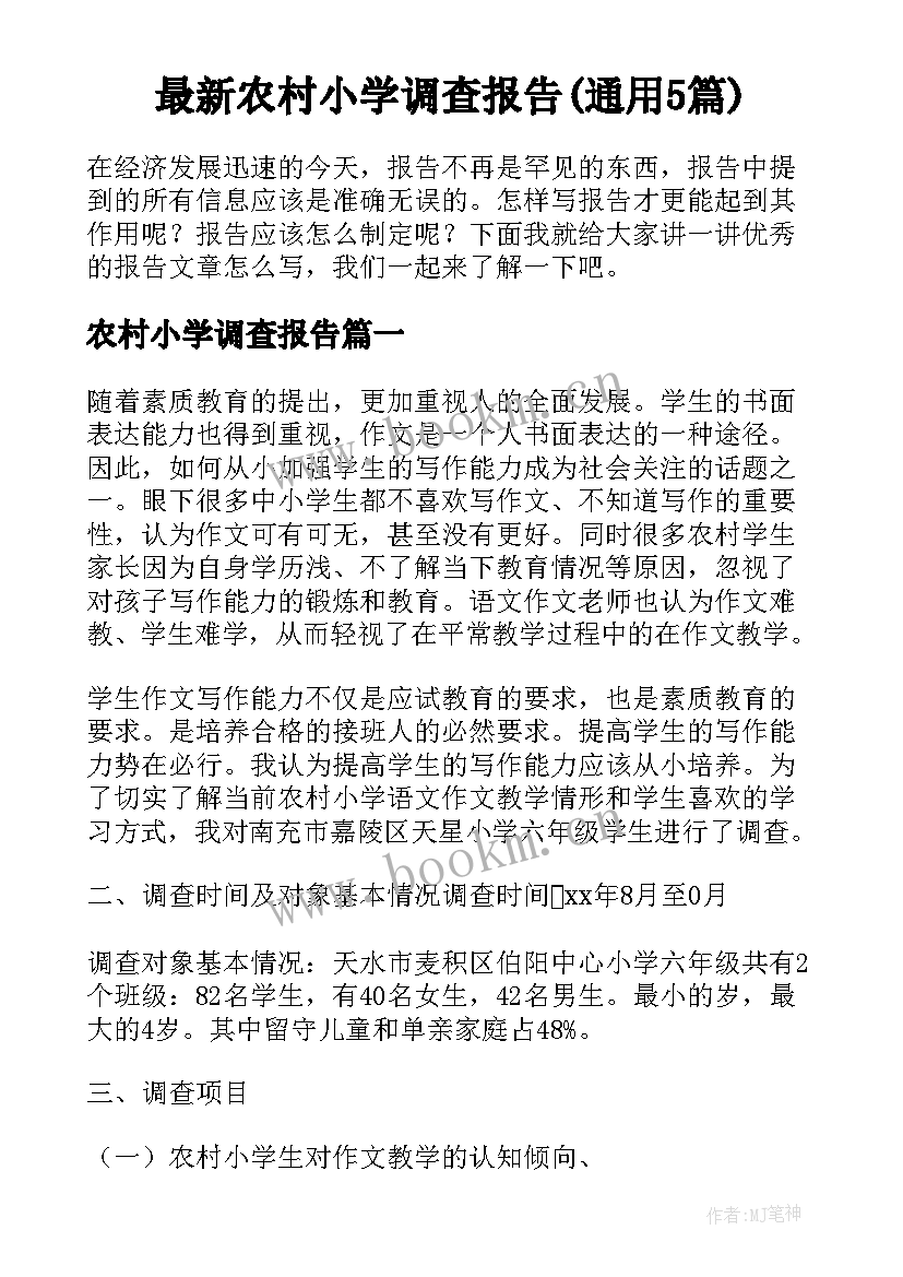 最新农村小学调查报告(通用5篇)