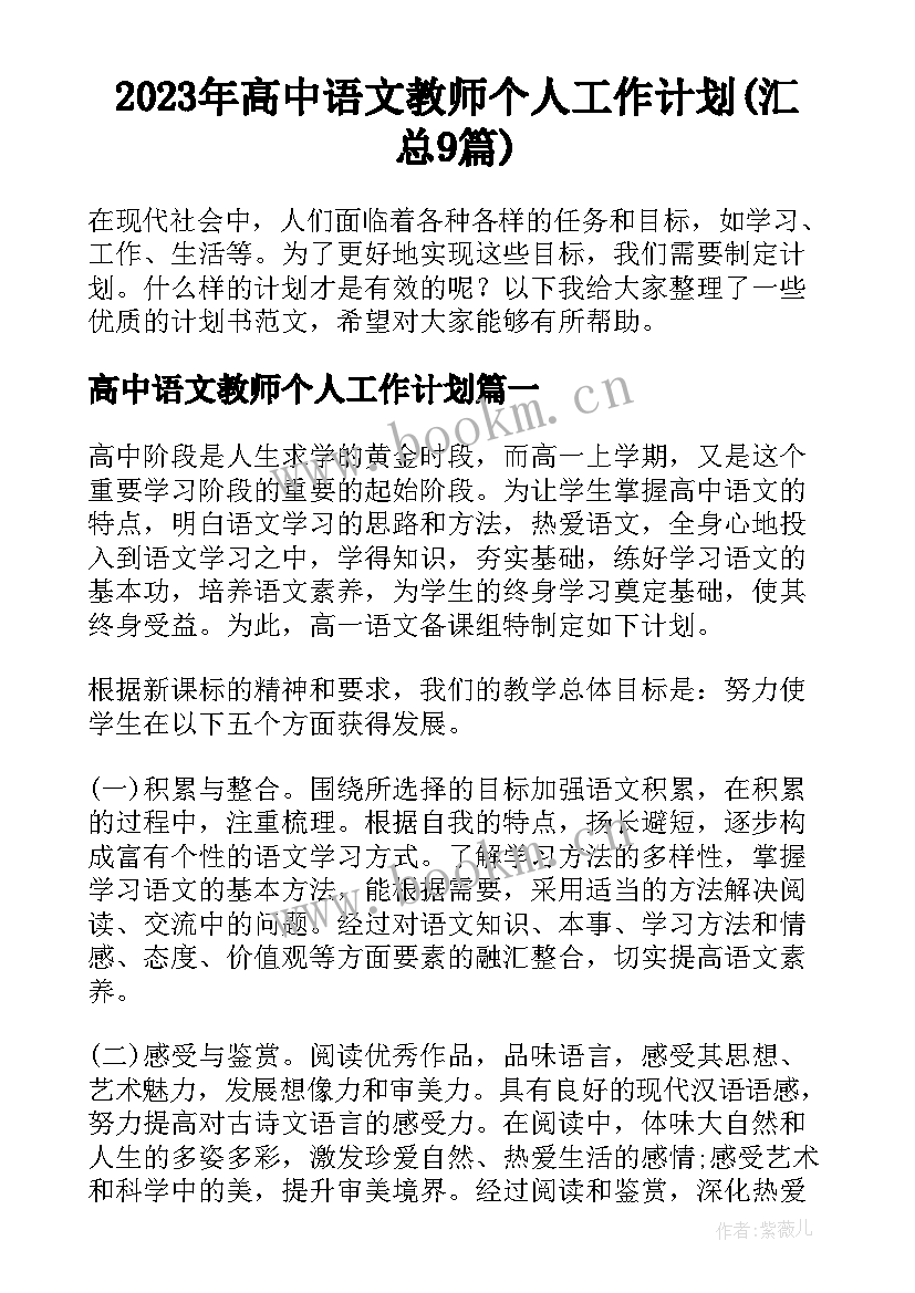 2023年高中语文教师个人工作计划(汇总9篇)