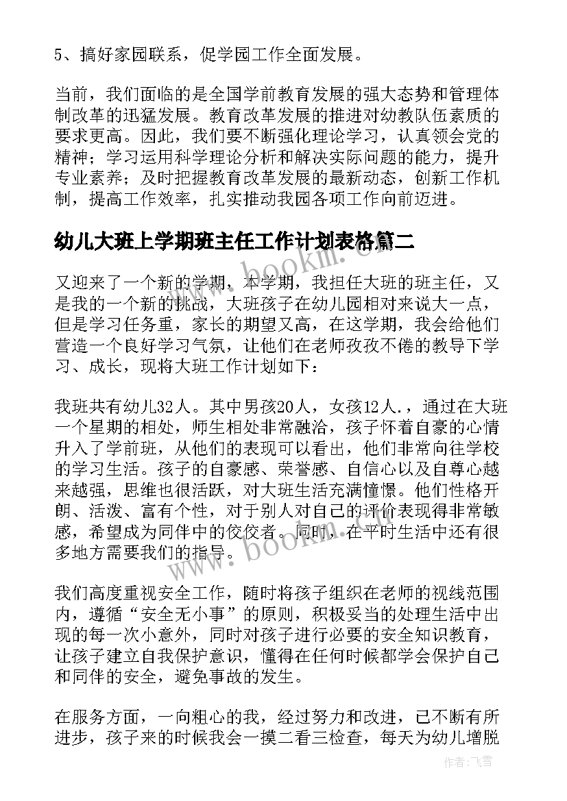 最新幼儿大班上学期班主任工作计划表格(通用5篇)