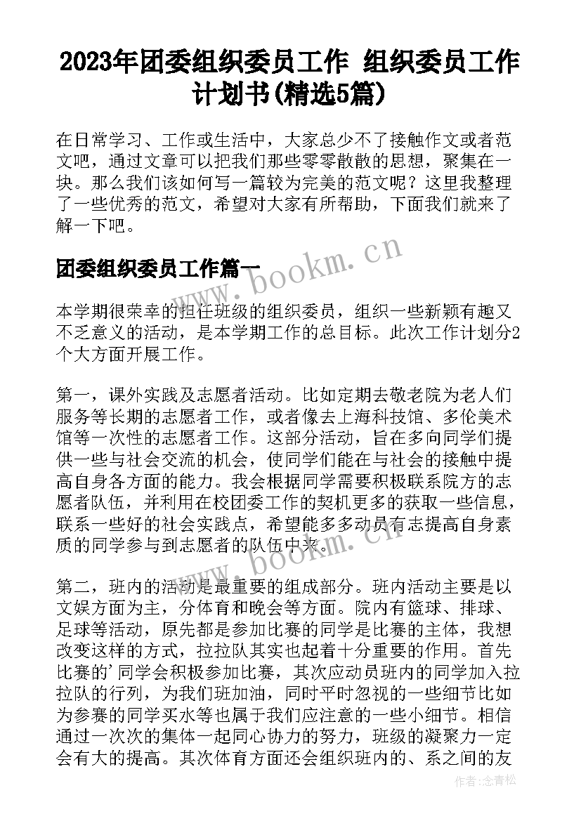 2023年团委组织委员工作 组织委员工作计划书(精选5篇)