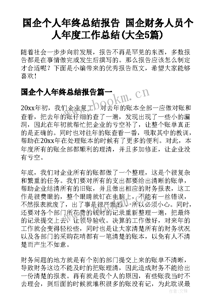 国企个人年终总结报告 国企财务人员个人年度工作总结(大全5篇)