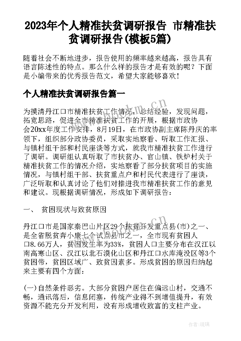 2023年个人精准扶贫调研报告 市精准扶贫调研报告(模板5篇)