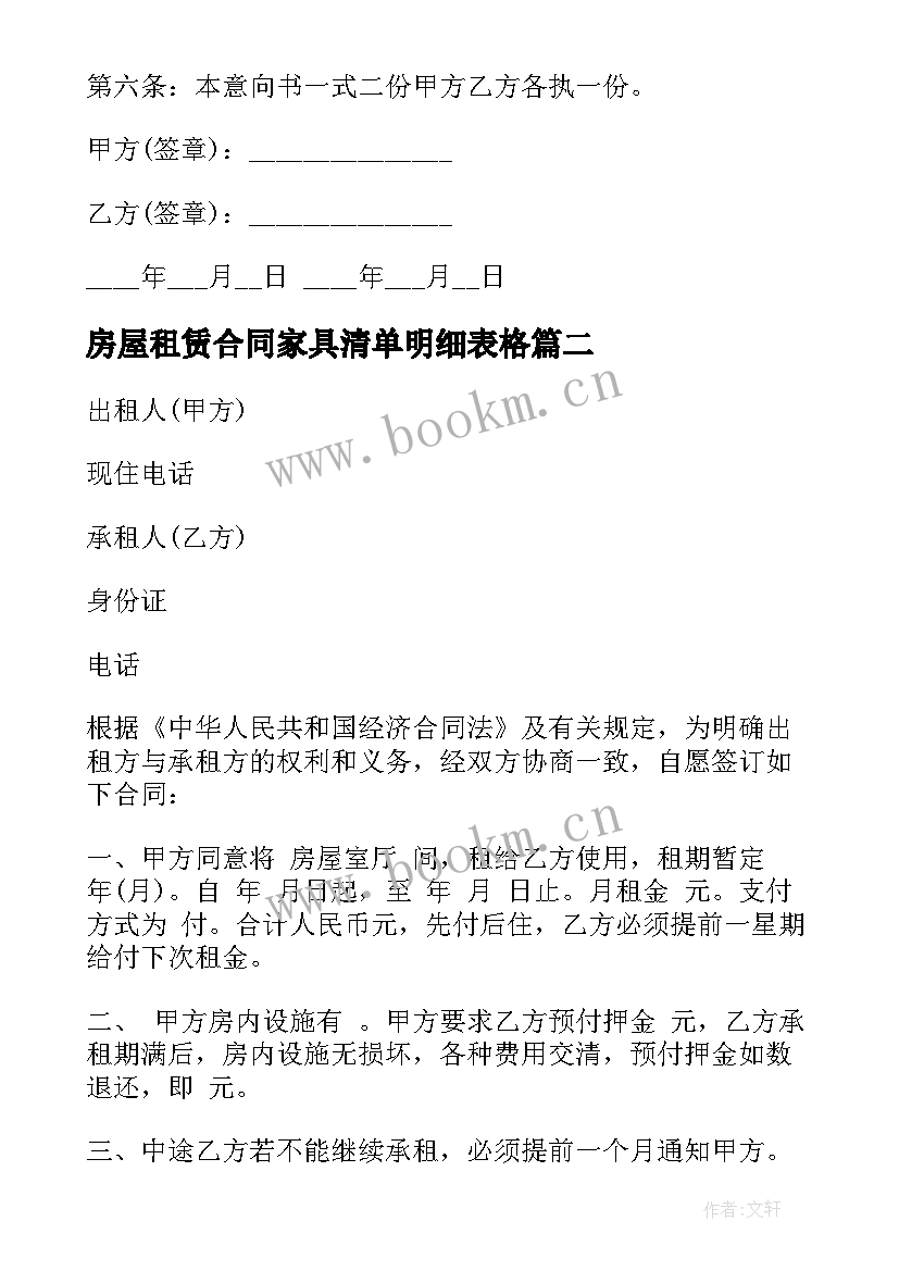 最新房屋租赁合同家具清单明细表格(模板5篇)