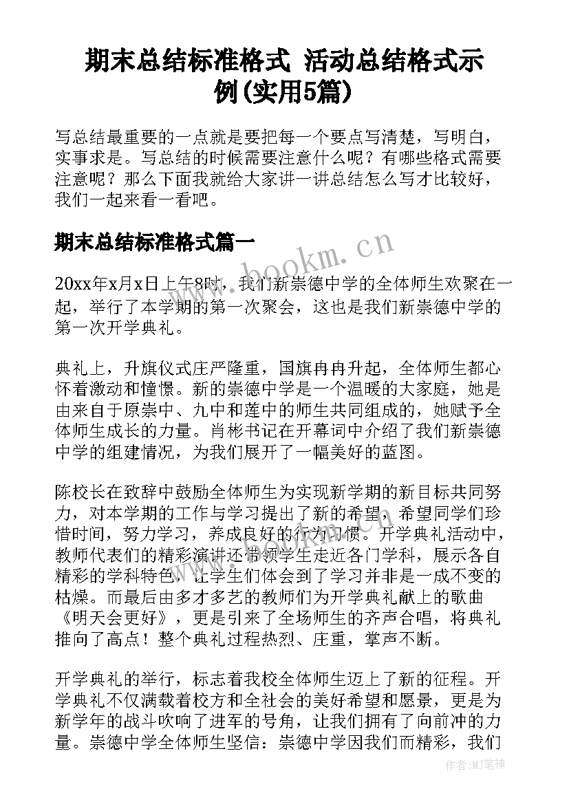 期末总结标准格式 活动总结格式示例(实用5篇)