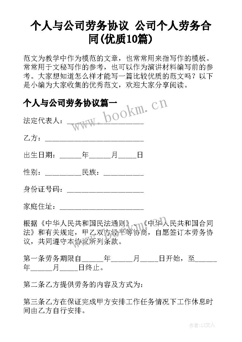 个人与公司劳务协议 公司个人劳务合同(优质10篇)