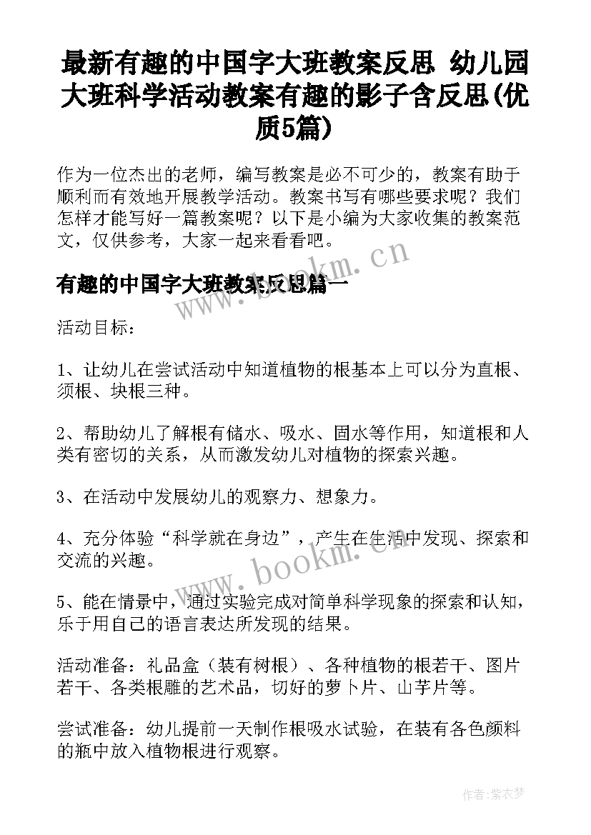 最新有趣的中国字大班教案反思 幼儿园大班科学活动教案有趣的影子含反思(优质5篇)