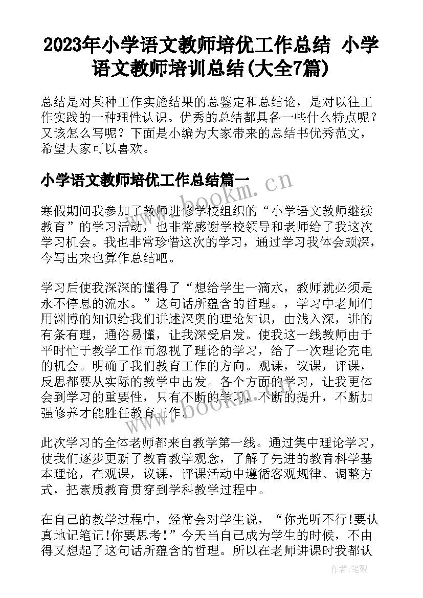 2023年小学语文教师培优工作总结 小学语文教师培训总结(大全7篇)