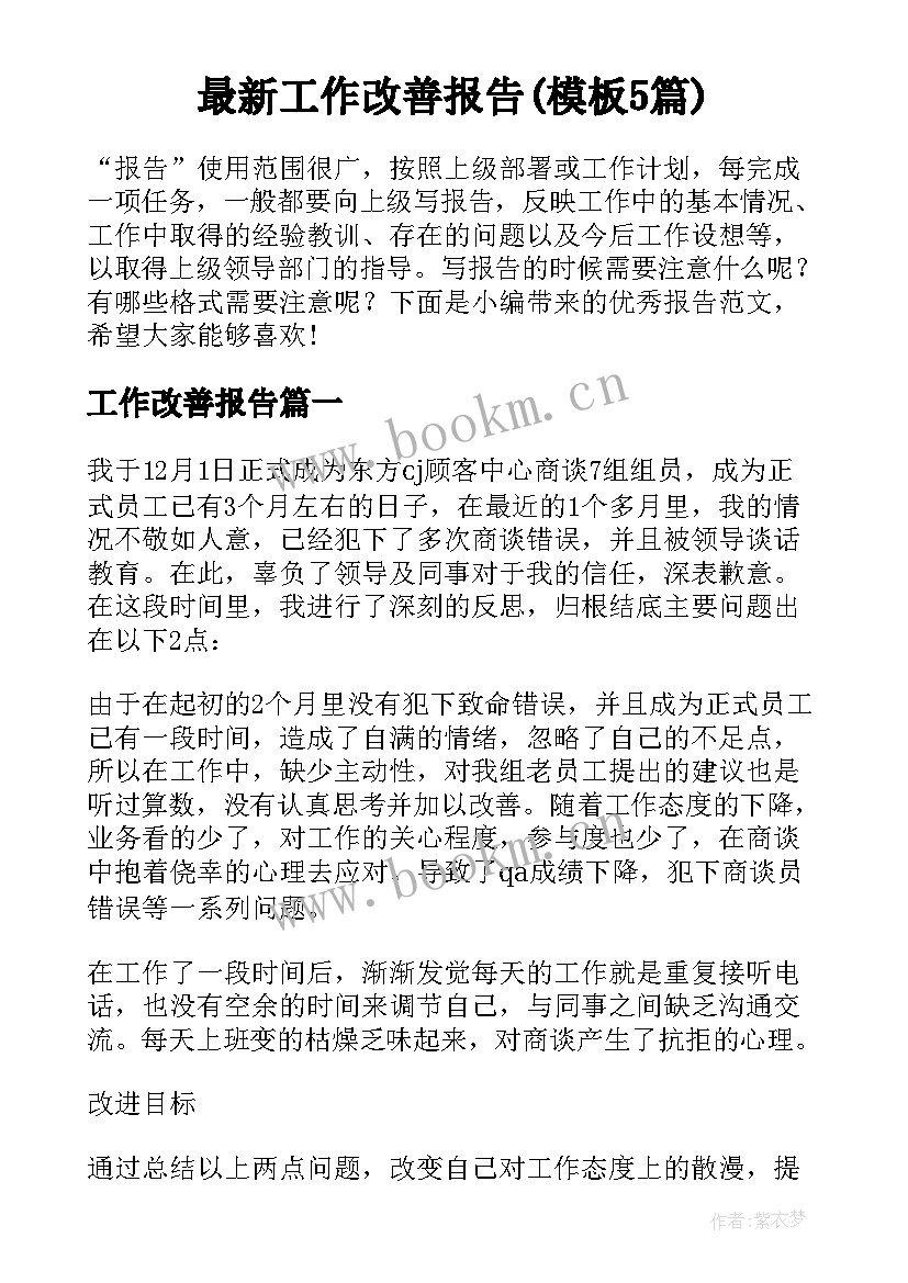 最新工作改善报告(模板5篇)