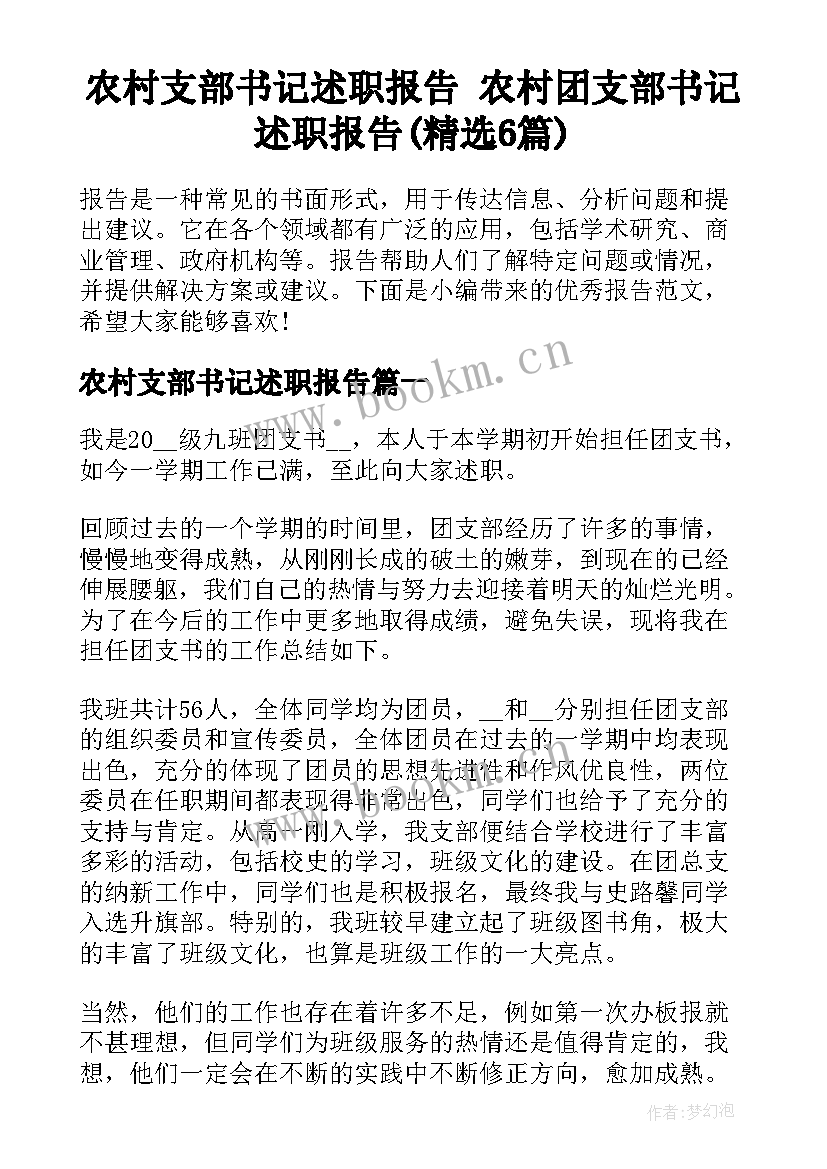 农村支部书记述职报告 农村团支部书记述职报告(精选6篇)