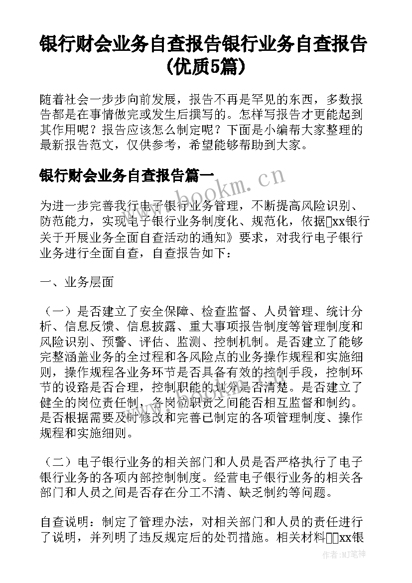 银行财会业务自查报告 银行业务自查报告(优质5篇)