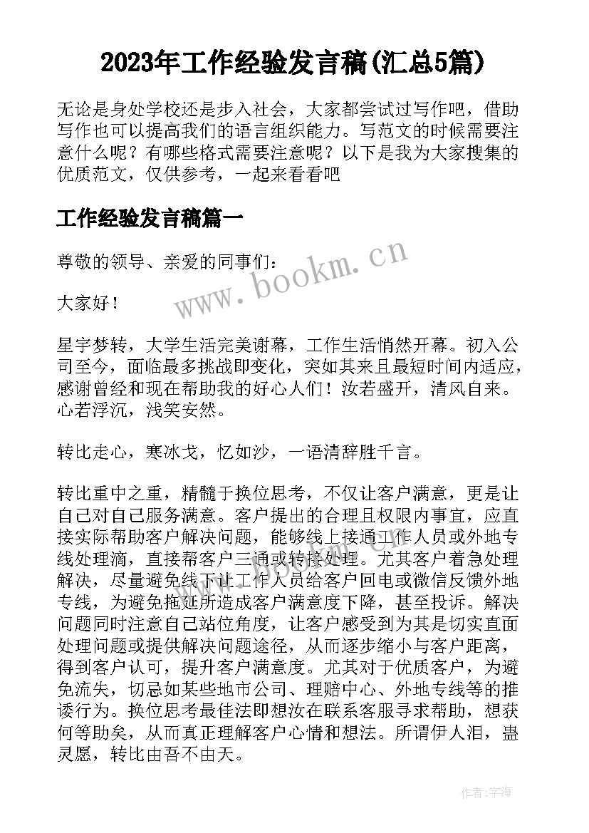 2023年工作经验发言稿(汇总5篇)