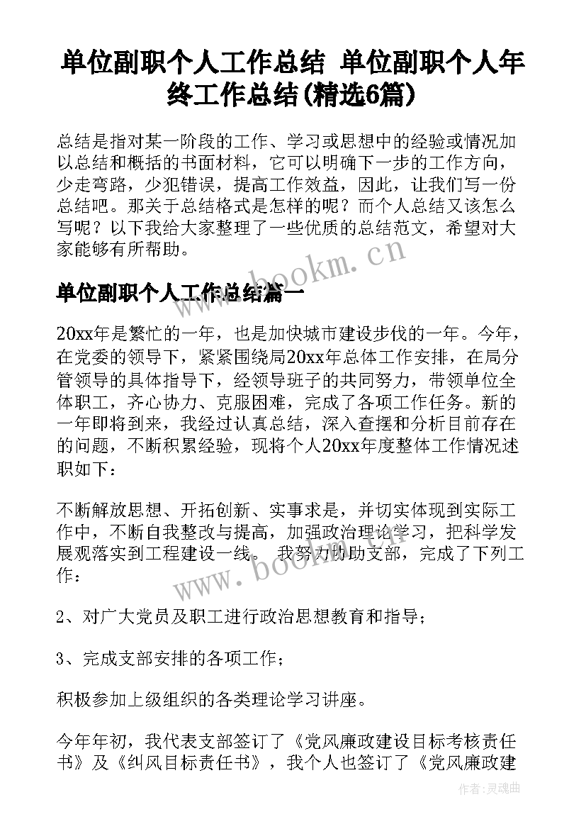 单位副职个人工作总结 单位副职个人年终工作总结(精选6篇)