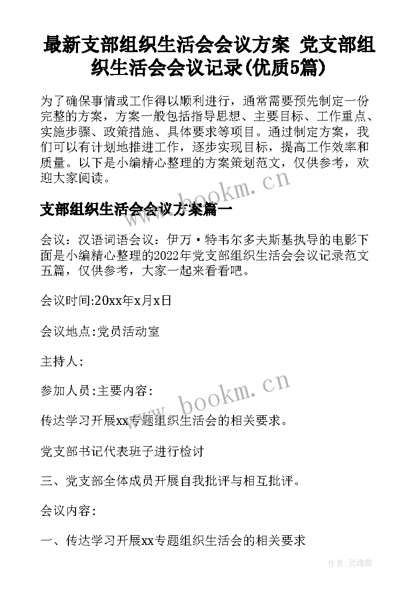 最新支部组织生活会会议方案 党支部组织生活会会议记录(优质5篇)