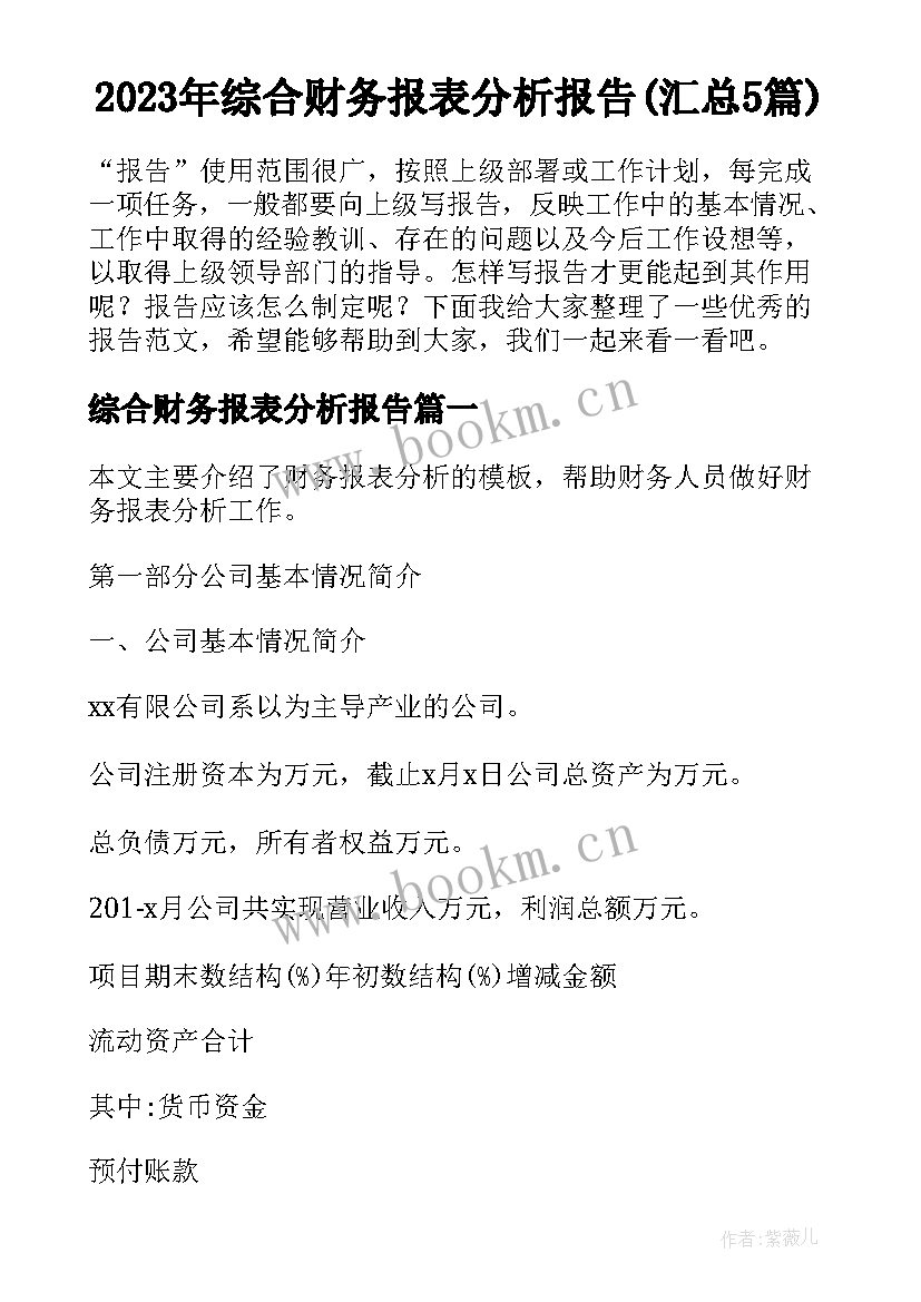 2023年综合财务报表分析报告(汇总5篇)