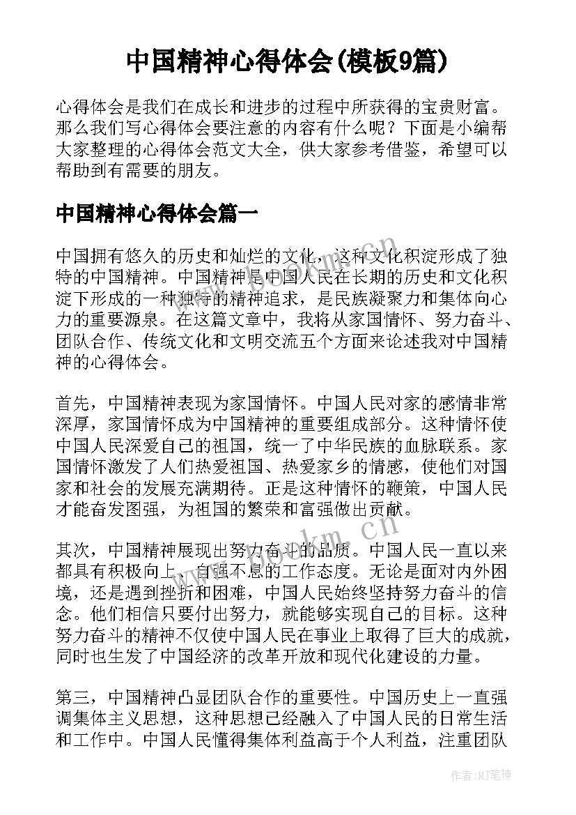 中国精神心得体会(模板9篇)