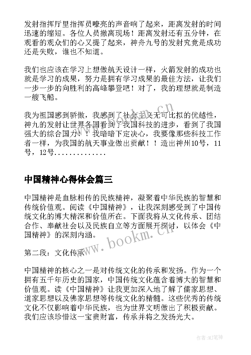 中国精神心得体会(模板9篇)