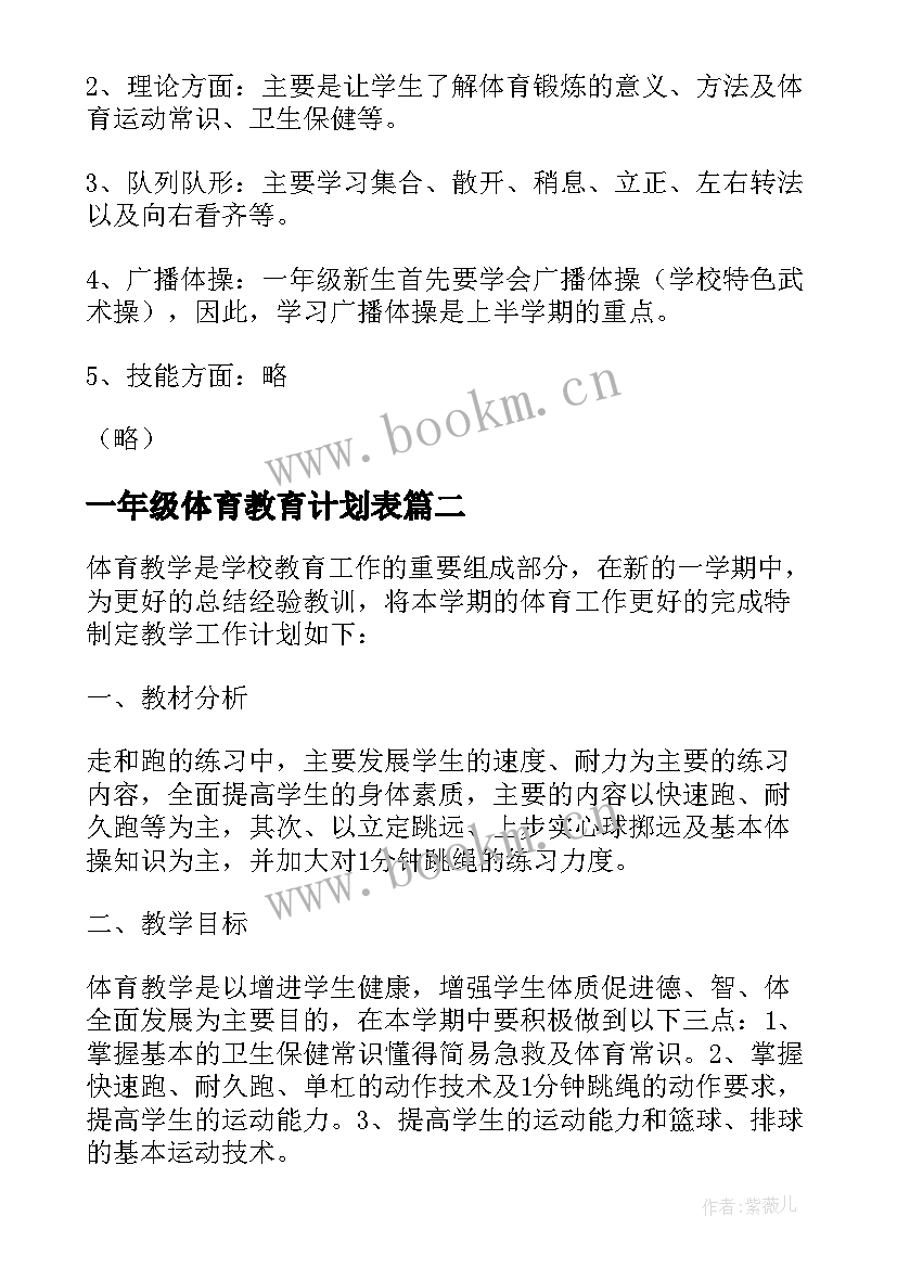 一年级体育教育计划表 一年级体育教学计划(实用7篇)