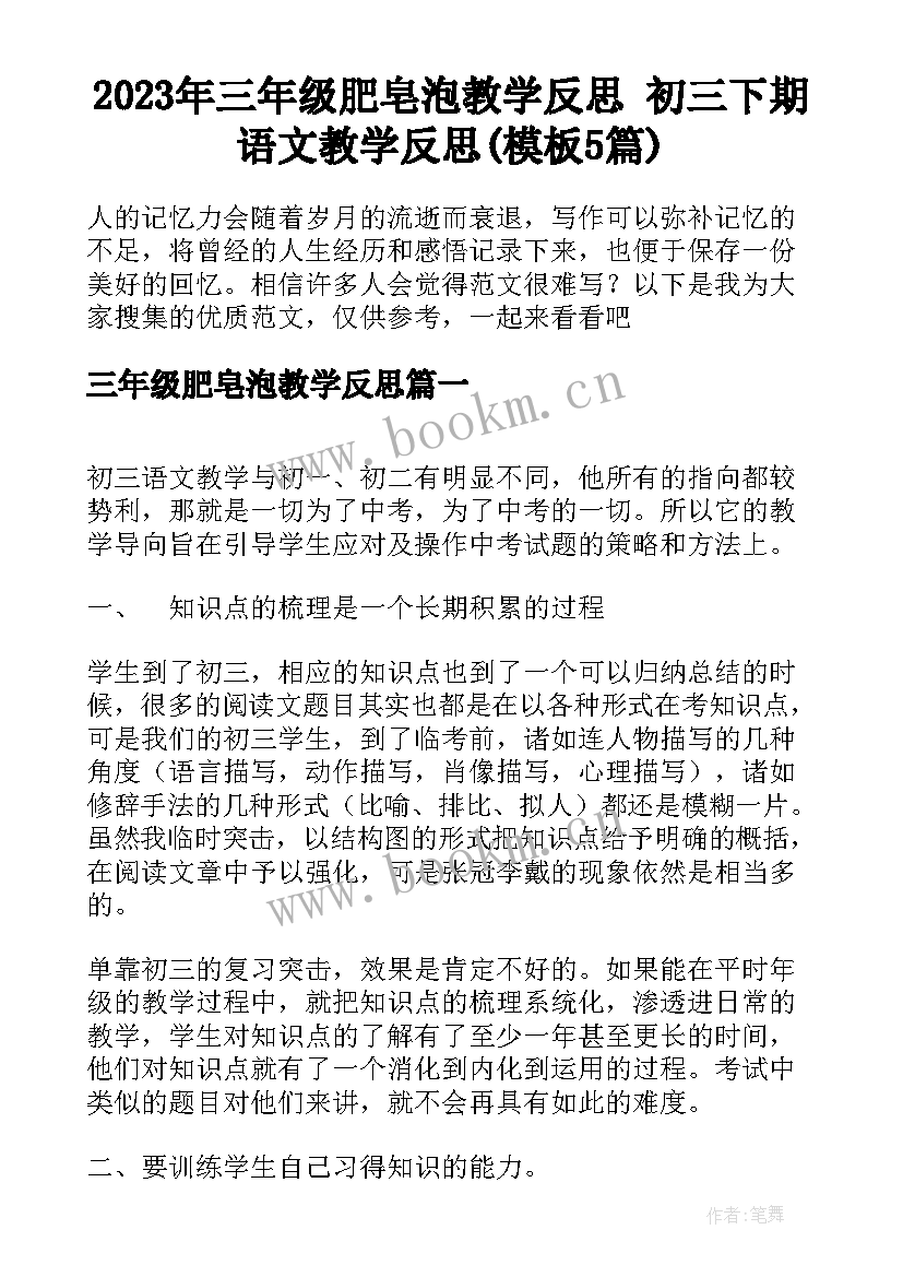 2023年三年级肥皂泡教学反思 初三下期语文教学反思(模板5篇)