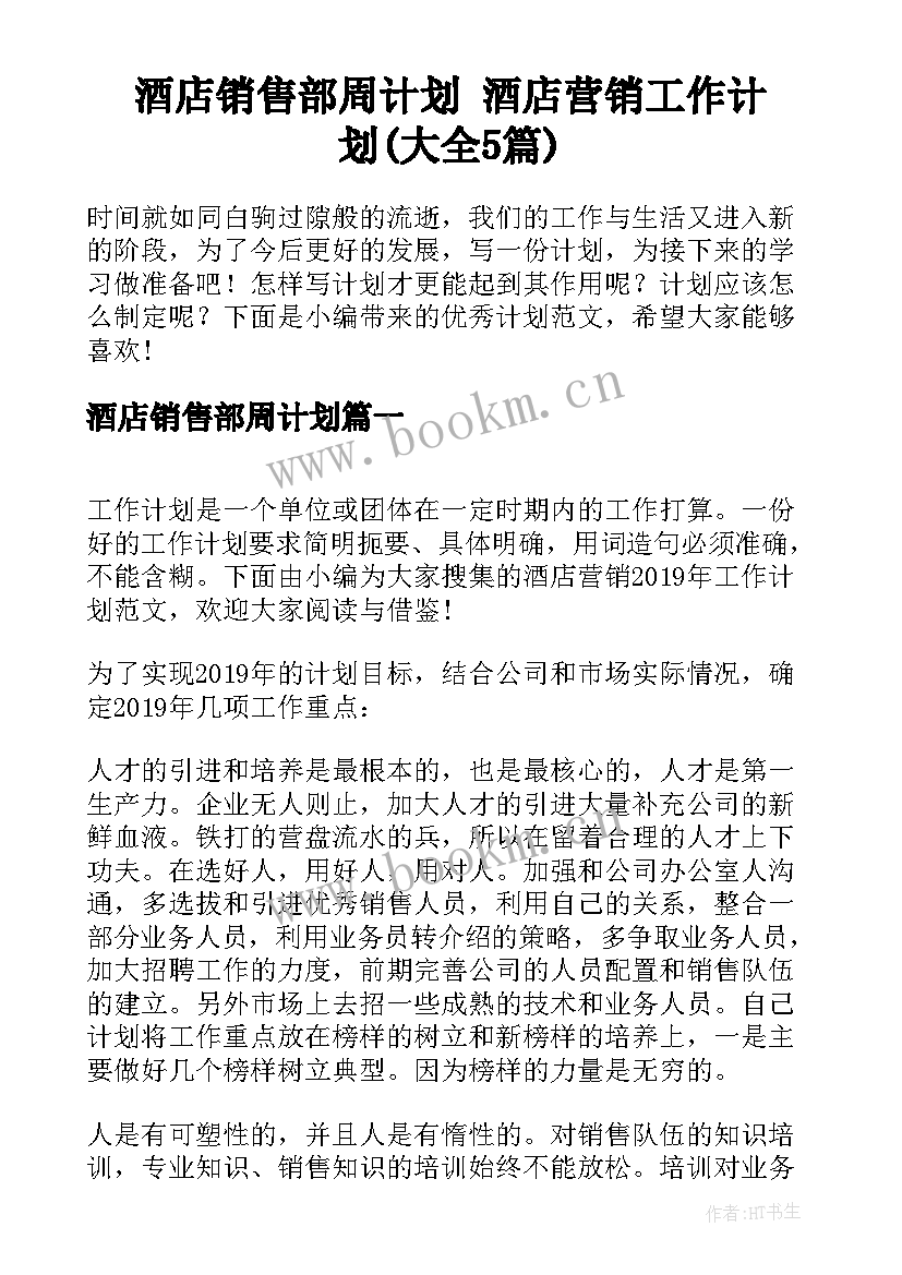 酒店销售部周计划 酒店营销工作计划(大全5篇)