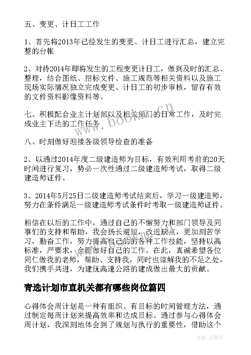 青选计划市直机关都有哪些岗位 心得体会周计划(通用5篇)