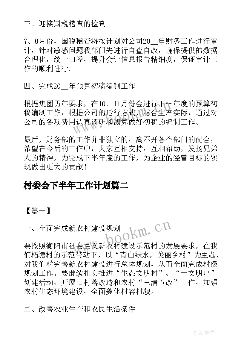 村委会下半年工作计划 下半年工作计划(实用7篇)