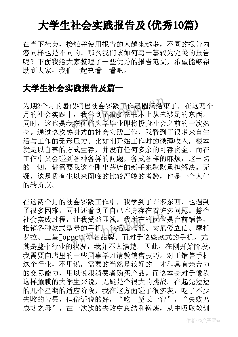 大学生社会实践报告及(优秀10篇)