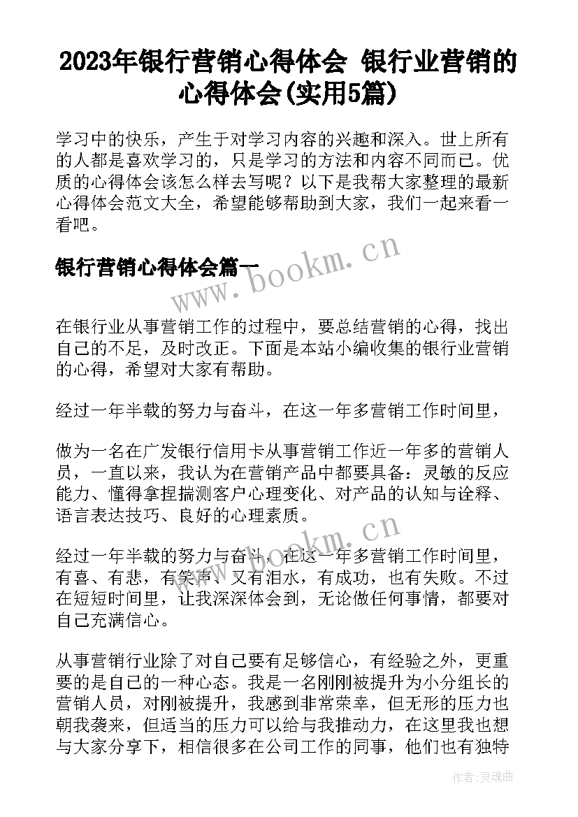 2023年银行营销心得体会 银行业营销的心得体会(实用5篇)