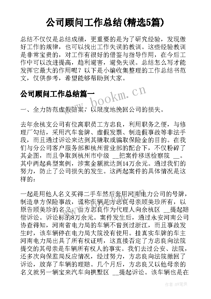 公司顾问工作总结(精选5篇)