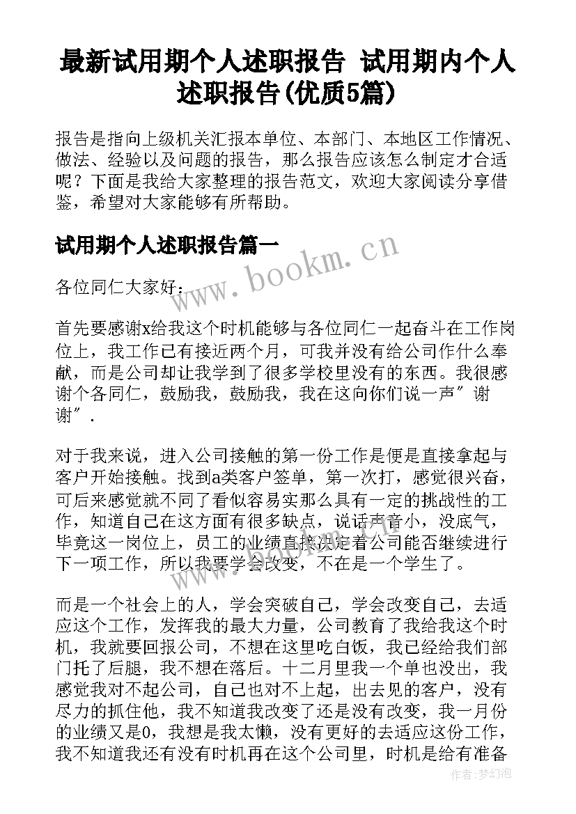 最新试用期个人述职报告 试用期内个人述职报告(优质5篇)