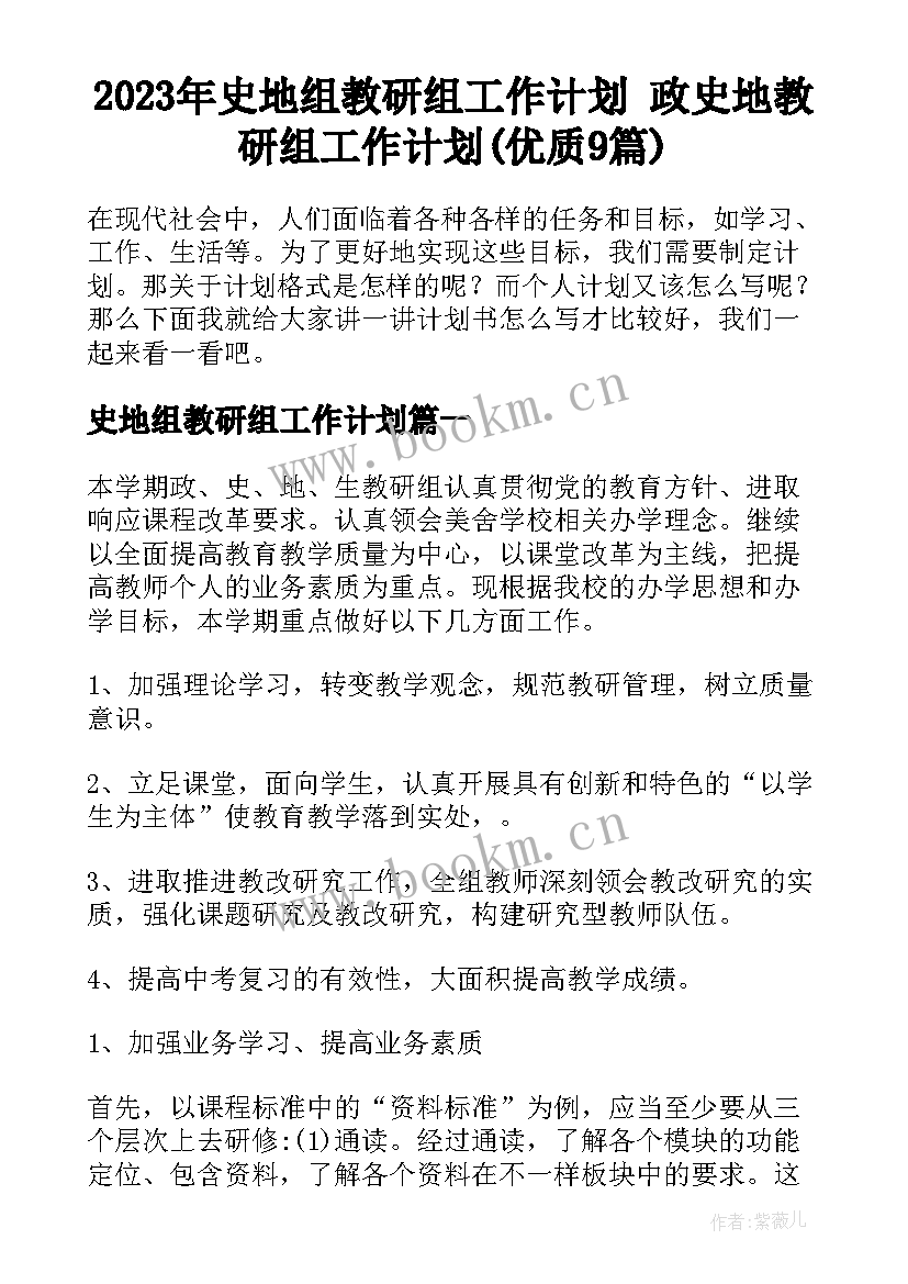 2023年史地组教研组工作计划 政史地教研组工作计划(优质9篇)